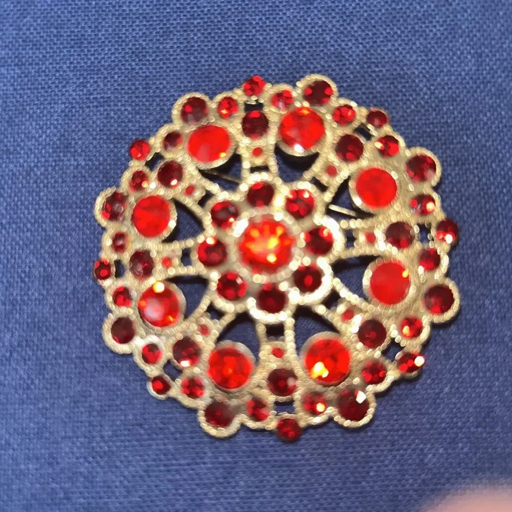 Monet Vintage Lovely Red Rhinestone Gold Tone Brooch